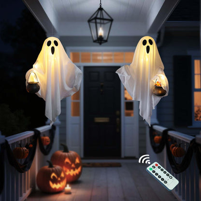 [Timer] 2 Pack Halloween Light Up Ghost Decorations, Battery Operated Flying Hanging Ghosts Glowing Led Lights Remote Control 8 Lighting Modes Floating Swinging Yard Garden Porch Outdoor Indoor Decor