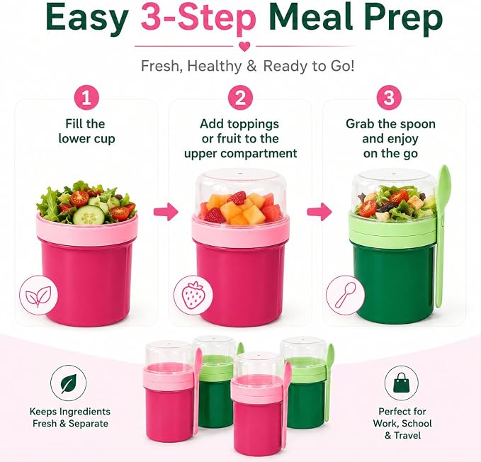 27oz Reusable Yogurt Parfait & Overnight Oats Cups – 100% Leakproof with Lid & Spoon, 4-Pack for Meal Prep, Breakfast & Gym Lunch(Pink,Green