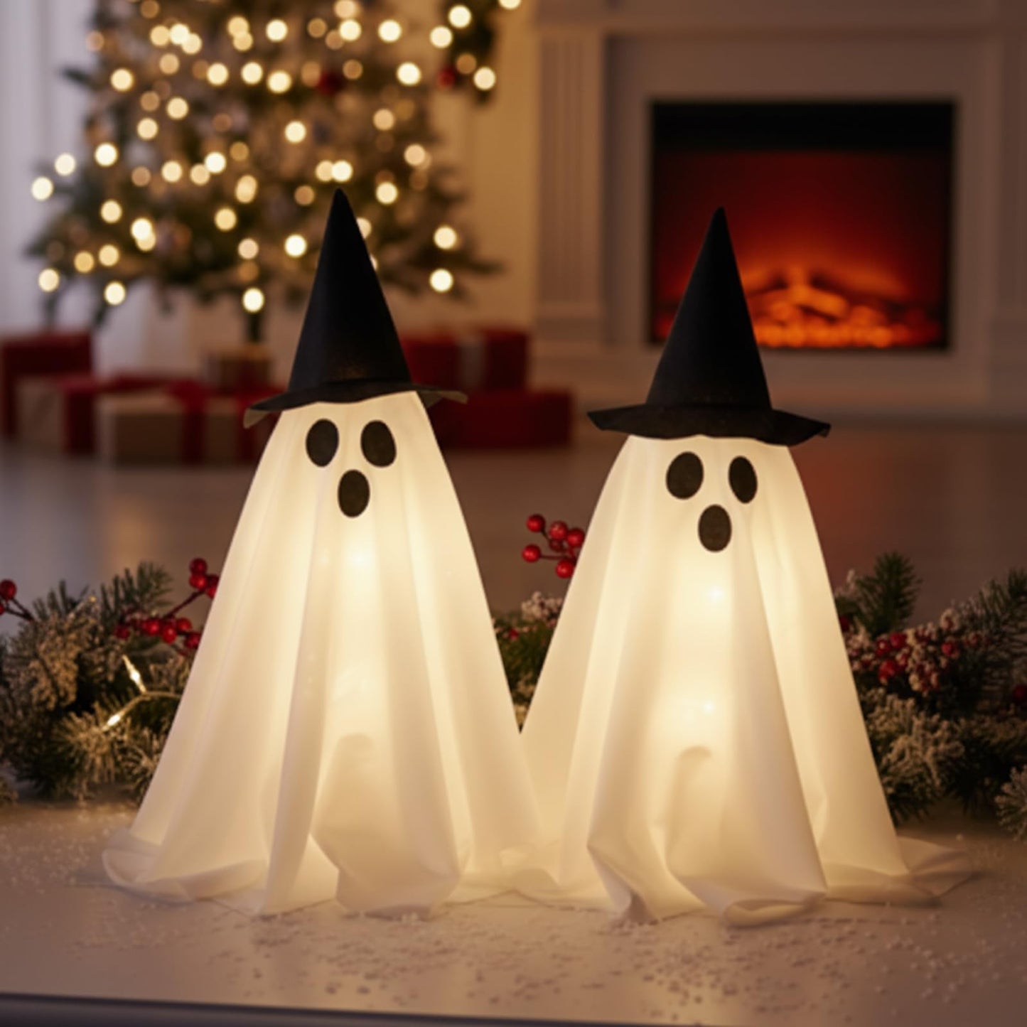 VioraWhite 2 Pack 18.8Inch Lighted Halloween Decoration Indoor Ghost Witch Hat with Lights Spooky Halloween Party Decoration Scary Glowing Ghost Kit for Mantel Shelf Table Fireplace Home Room Kitchen