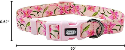 Dog Collar Leash Set, Floral Pattern, Polyester Material, Adjustable Collar and 5ft Matchcing Leash, for Medium Dogs.(M, Pink Lily)