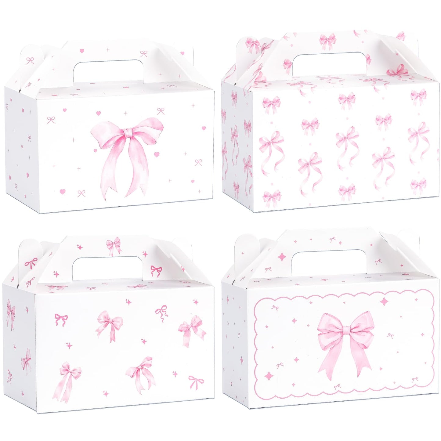 48 Count Pink Bow Treat Boxes Party Favors - 6x3.5x2.9 Inch Goodie Gift Boxes, Cute Bow Themed Candy Dessert Boxes for Birthday, Bridal & Baby Shower, Bachelorette, Engagement Party Supplies,4 Assorted Designs
