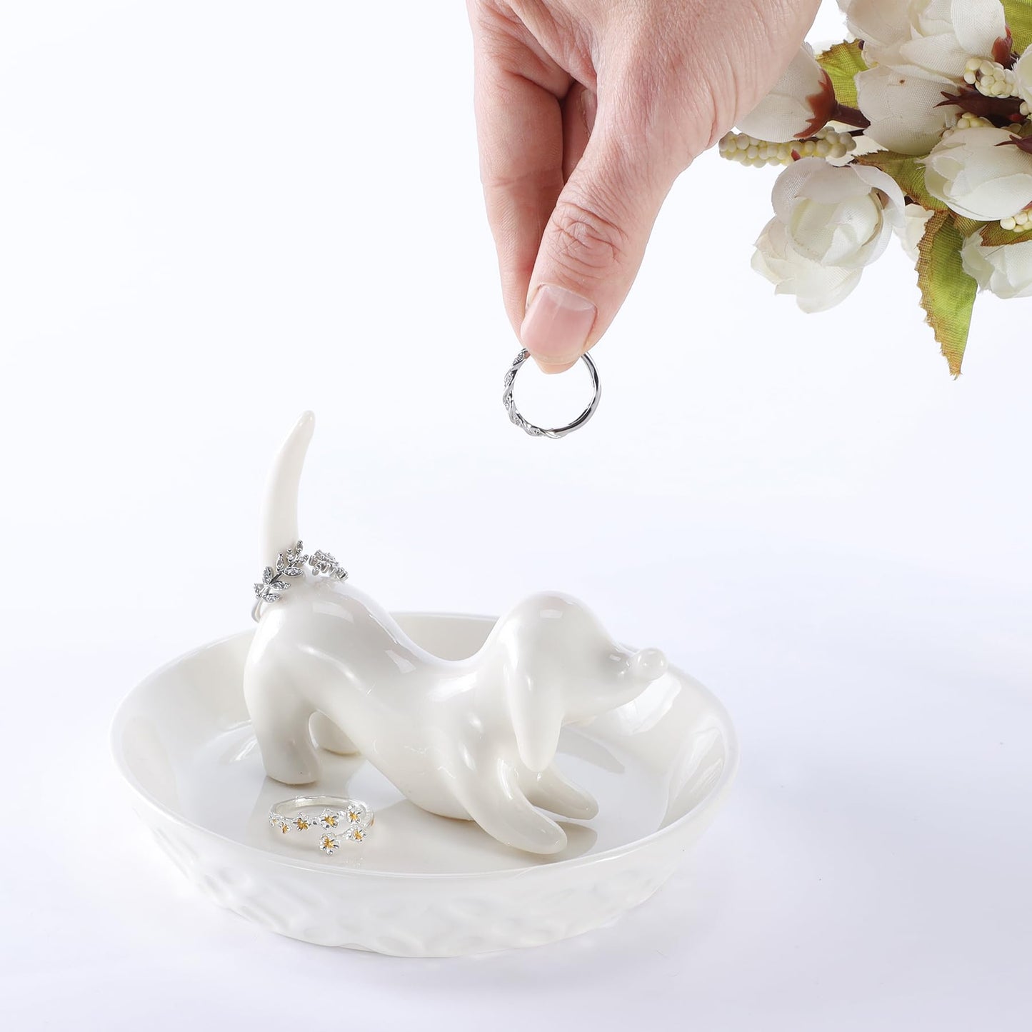 HOME SMILE Dog Ring Holder,Ceramic White Jewelry Tray Holder,Dog Mom Gifts for Women Christmas Valentines Mothers Day