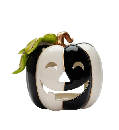 Cosmos Gifts 21093 Fine Ceramic White and Black Pumpkin Shaped Tealight Holder 4 1/4" H