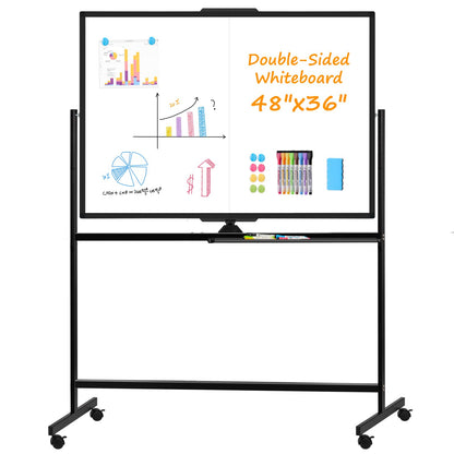 WALGLASS Rolling Dry Erase Whiteboard, 48"x36" Double-Sided White Board on Wheels, Large Portable White Board with Stand, Black Mobile Standing Whiteboards for Office, Home, School 4x3 ft