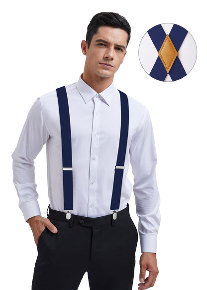 HISDERN Suspenders for Men Navy Mens Suspenders Blue Adjustable Elastic Suspender Braces Heavy Duty Clips X-Back 1.4 Inch Work Trousers