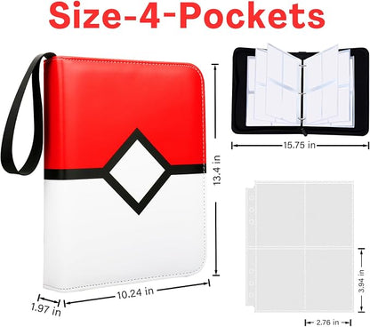 Card Binder with 4 Pockets with Zipper for 50 Pages, 400 Removable Pocket PU Waterproof Trading Collection Binder, 3 Rings Zipper Portable Card Album for MTG TCG Sports Cards Game Cards as Gift, Red