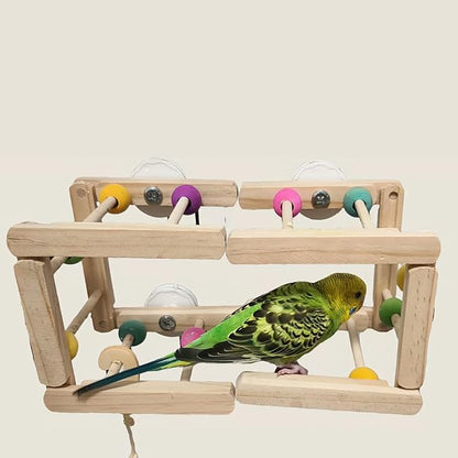 Wooden Bird Ladder Toy, 12 Inch Foldable Hardwood Parrot Climbing Bridge with Colorful Beads, 2 Pack Tri-Section Cage Accessories for Cockatiels, Conures, Lovebirds, 4 Inch Wide