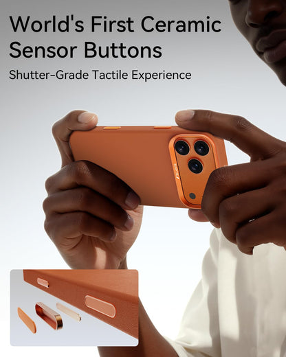 RAPTIC Urban Nano Leather Case Compatible with iPhone 17 Pro - Compatible with Magsafe & Wireless Charging, Aluminum Control Buttons, Dual-Layer Construction, Orange