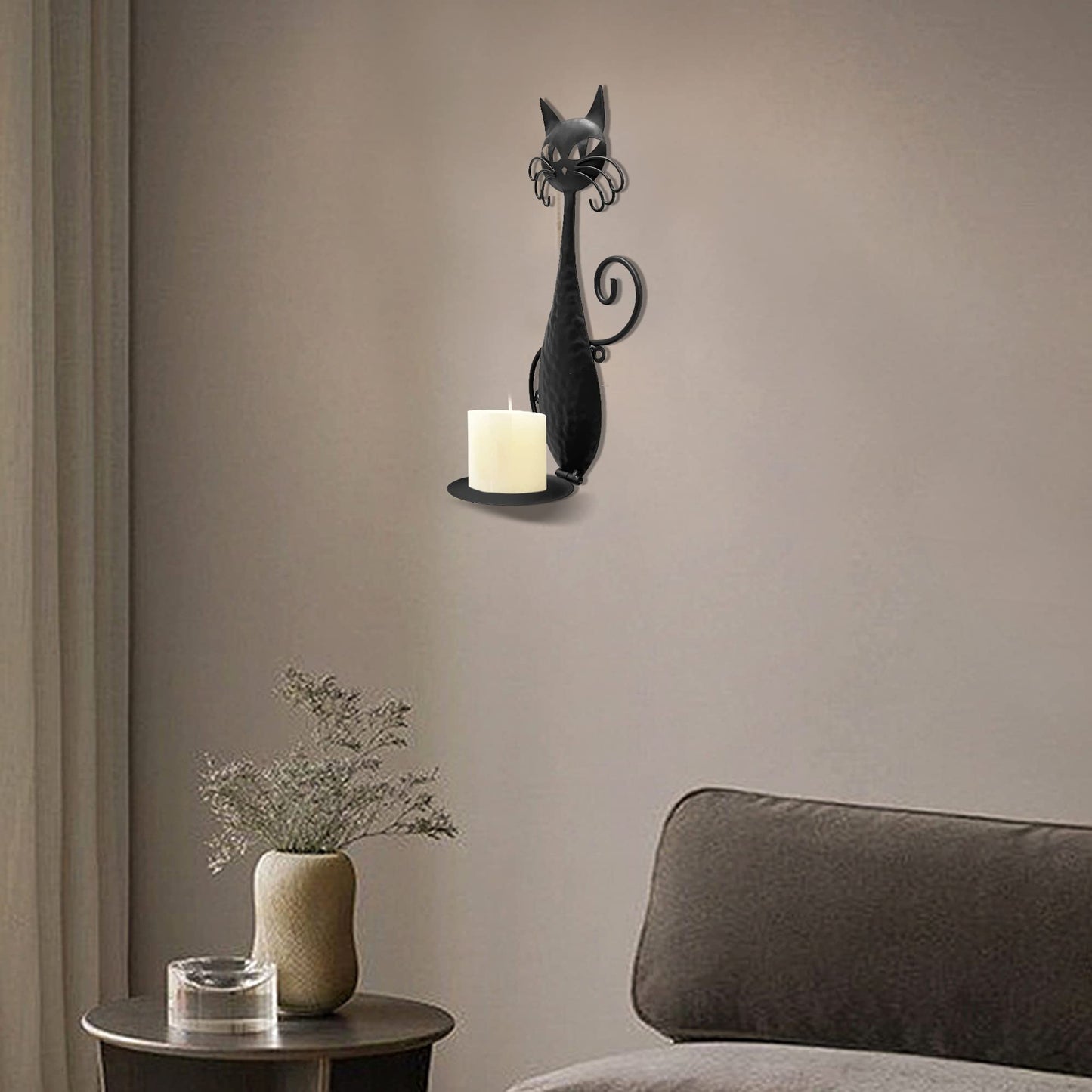 OFILLES Glass Candle Holders for Pillar Candles,Black Metal Cat Wall Sconces Candle Holder