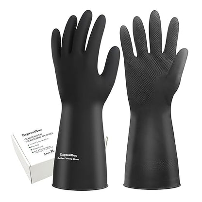 Heavy-Duty Thick Black Rubber Cleaning Gloves, 3 Pairs, XL | Reusable & waterproof black/orange dual layers. Non-slip design for dishwashing, kitchen cleaning, and auto care.