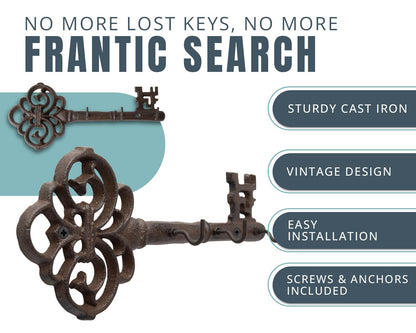 Comfify Brown Cast Iron Skeleton Key Wall Hook – 3 Hooks, 10.8" L
