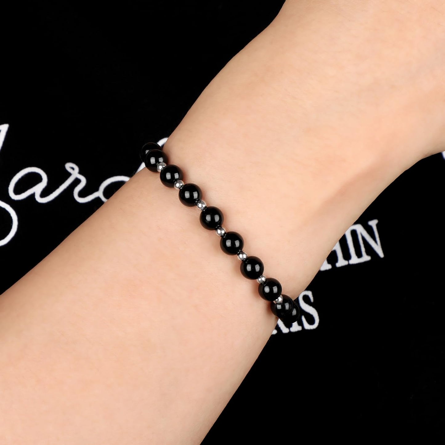 QOGIR Black Tourmaline - Psychic Protection - Stainless Silver Beads Natural Gemstone Stretch Elastic Dainty Healing Beaded Bracelets Gifts 6mm