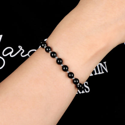QOGIR Black Tourmaline - Psychic Protection - Stainless Silver Beads Natural Gemstone Stretch Elastic Dainty Healing Beaded Bracelets Gifts 6mm