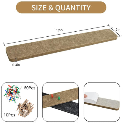 Vuzvuv 8 pcs Bulletin Board Bar Strips with 50 Pushpins & 10 Wooden Clip pins，Self Adhesive Cork Board for Wall，Felt Pin Board for School，Office Decor(Black Brown Gray)