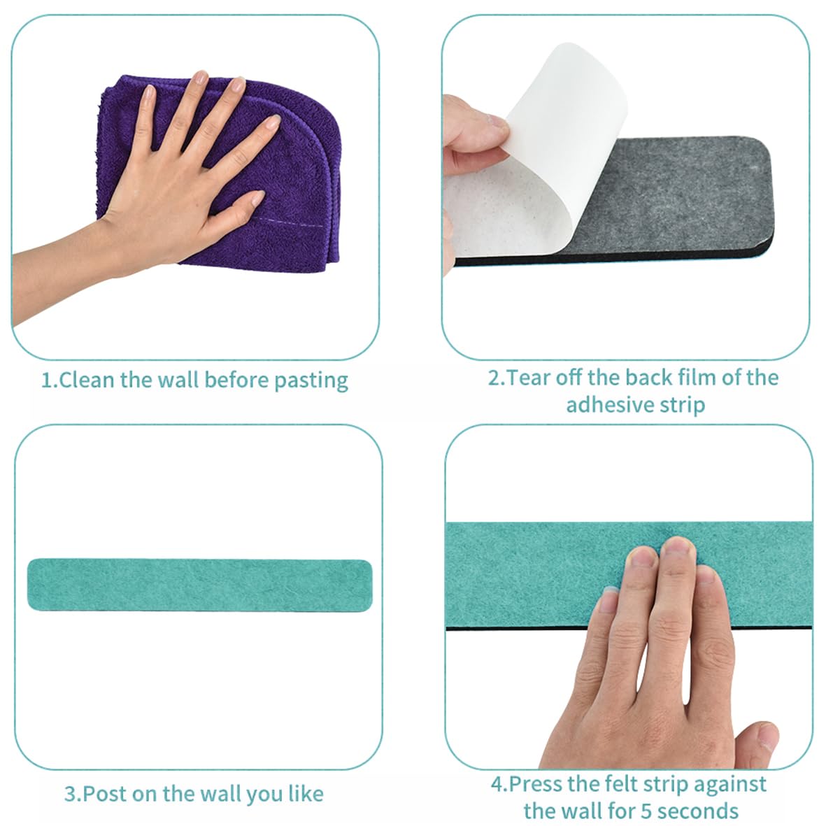 Vuzvuv 8 pcs Bulletin Board Bar Strips with 50 Pushpins & 10 Wooden Clip pins，Self Adhesive Cork Board for Wall，Felt Pin Board for School，Office Decor(Green Blue Pink Purple)