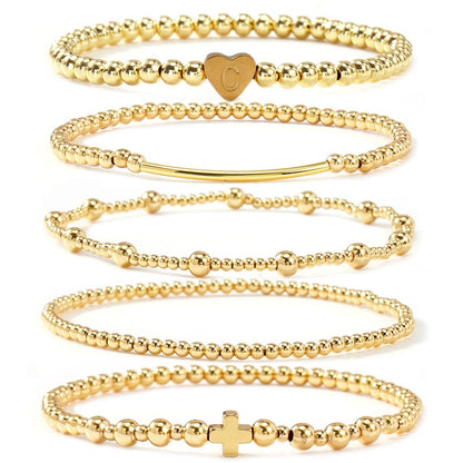 14K Gold Cross Beaded Initial Bracelet Stack for Women,Dainty Stretch Gold Plated Letter “C” Stackable Bracelets Bohemian Layered Prom Party Accessories Jewelry Gift Friendship