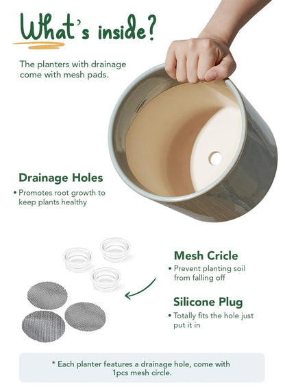 LE TAUCI Ceramic Pots for Plants, 10/8/6 Inch Indoor Planters with Draiange Hole, Silicone Plug & Mesh Pad, Modern Minimalist Pots for Home Office, Set of 3, Glossy, Mist Gray