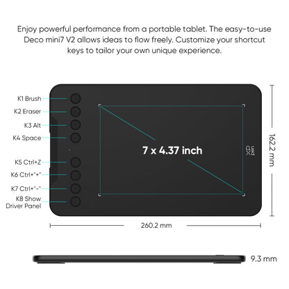 XPPen Updated Deco Mini7 V2 Drawing Tablet-16384 Levels of Pressure Battery-Free Stylus, 7 x 4 OSU Drawing Pad, 8 Hotkeys for Digital Art, Teaching, Gaming Graphic Tablet for Chrome, PC, Mac, Android