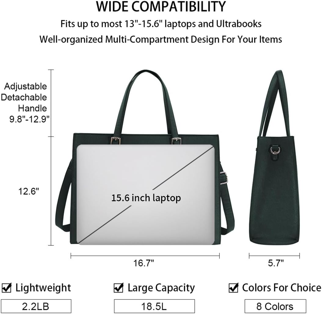 Laptop Bag for Women Waterproof Lightweight Leather 15.6 Inch Computer Tote Bag Business Office Briefcase Large Capacity Handbag Shoulder Bag Professional Office Work Bag Deepgreen