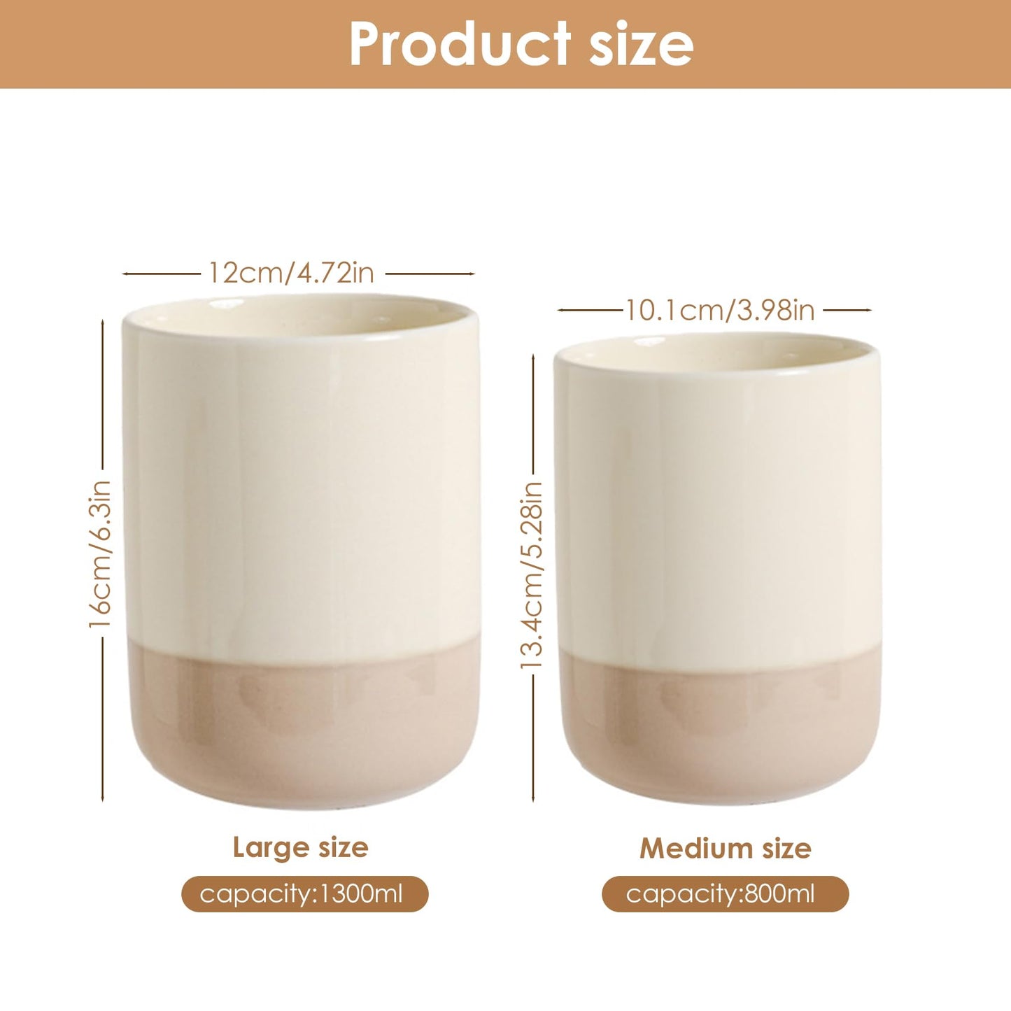 CLAYORA Ceramic Utensil Holder Set, 6.3''+5.3'' Cooking Utensil Crocks for Kitchen Counter, Modern Design Cooking Tool Organizer Set of 2, 800ml+1300ml Ideal for Spatula, Cutlery, Makeup, Flower Vase