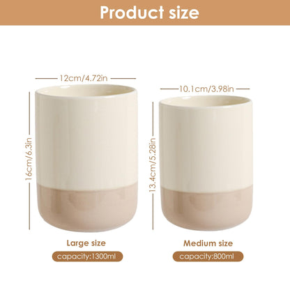 CLAYORA Ceramic Utensil Holder Set, 6.3''+5.3'' Cooking Utensil Crocks for Kitchen Counter, Modern Design Cooking Tool Organizer Set of 2, 800ml+1300ml Ideal for Spatula, Cutlery, Makeup, Flower Vase