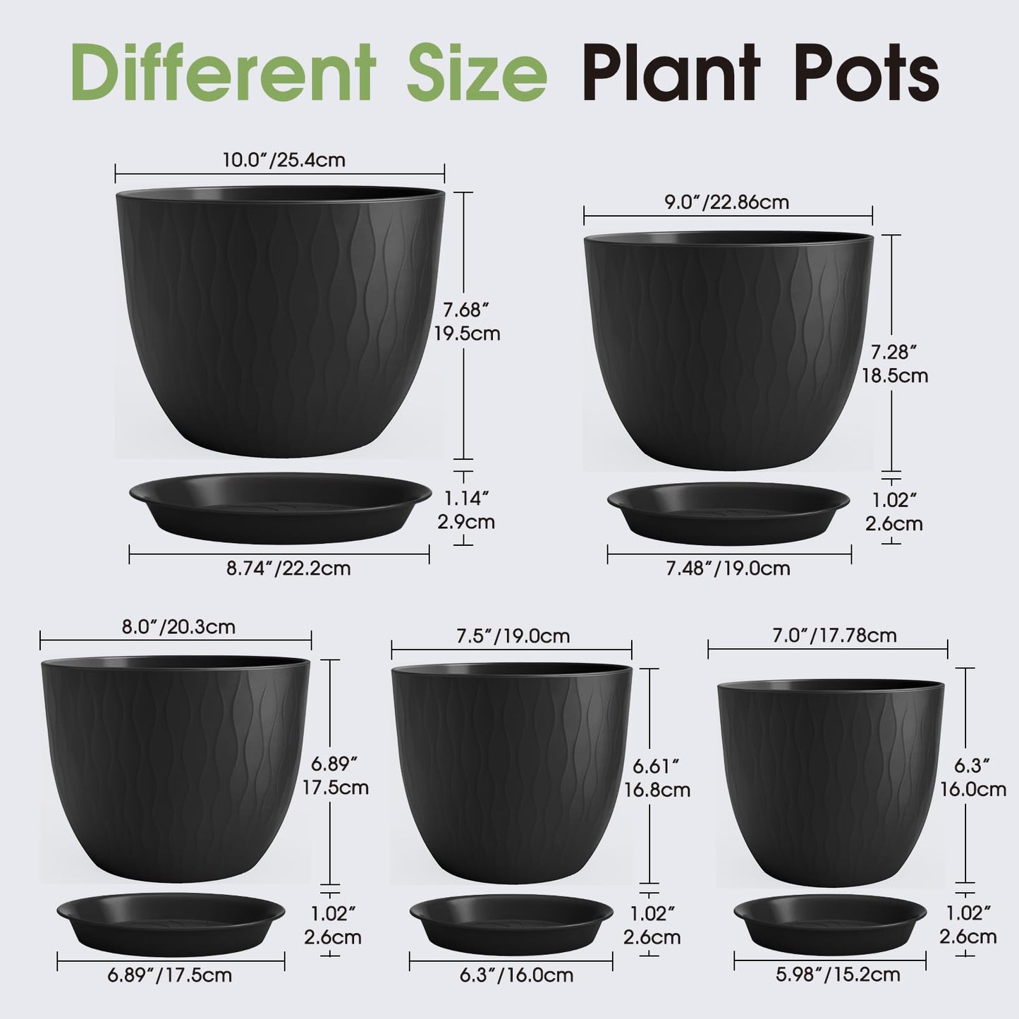 GARDIFE Plant Pots 10/9/8/7.5/7 Inch Plant Pots, Set of 5 Plastic Planters with Drainage Holes and Saucers,Plastic Flower Pots,Nursery Planting Pot for Indoor Out Door Plants (Black)