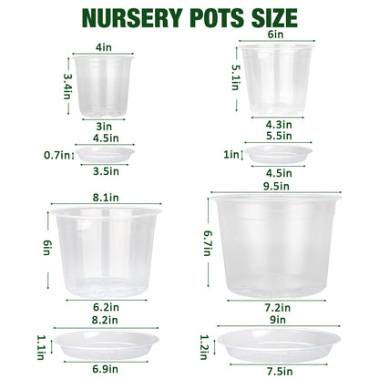 GUGEMEI 10/8/6/4 Inch Clear Nursery Pots with Drainage Holes and Saucers, 12 Pack Large Clear Pots for Plants Variety Pack, Plastic Nursery Pots for Succulents, Seedings, Herbs, Flowers, Vegetables