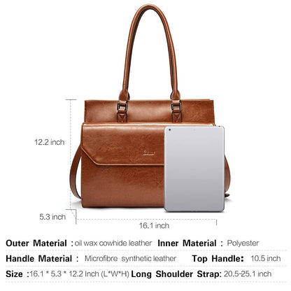 CLUCI Briefcase for Women Oil Wax Leather Vintage 15.6 Inch Laptop Business Shoulder Bag