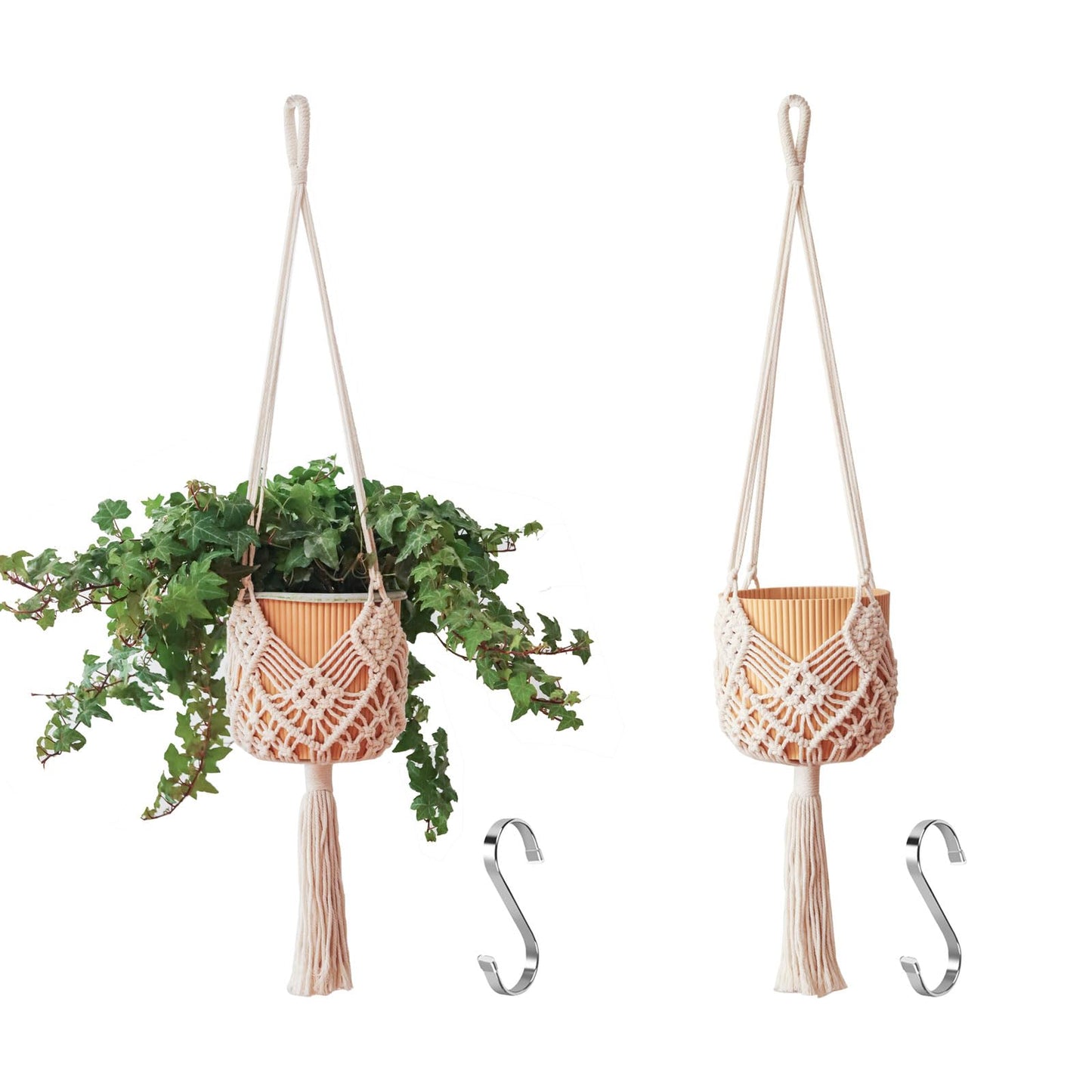 XINBOR Hanging Planter with Patterns,2Packs Macrame Plant Hangers Indoor Macrame for up to 8 inch Pot Crochet Boho Plant Hanger Holder for Indoor Outdoor with 2S Shaped Stainless Steel Hooks (White)