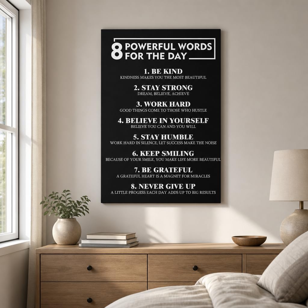 PJQART 8 Powerful Words for the Day Inspirational Framed Canvas Wall Art, Black and White Quote Poster with Uplifting Phrases for Home Office, Dorm Room, or Classroom Decor, 24x18 Inch