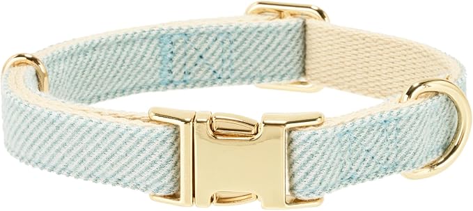 Luxury Soft Cotton Tweed Fabric Dog Collar & Leash Set with Gold Buckle – Durable Fabric, Stylish Design for Everyday Walks(Large LtBlue)