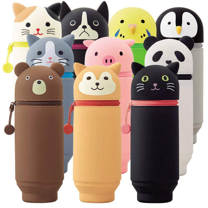 LIHITLAB Kawaii Japanese Cat Large Stand Up Pencil Case For School Office College, Cute School Supplies, Animal Pen Holder Pencil Pouch Holder Girls, Artist Pencil Case, Gray Cat (A7714-4)