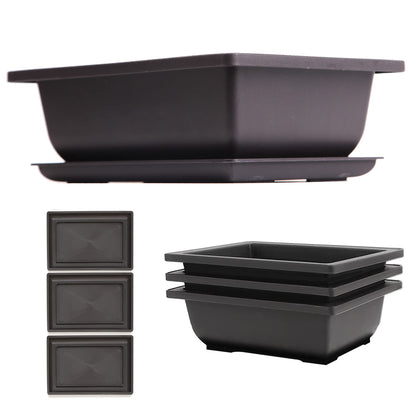 C CRYSTAL LEMON Bonsai Training Pots with Drip Trays, 3-Pack, 9” L x 6.7” W x 3” H Rectangular Plastic Planters with Drainage Holes & Mesh Screen, for Bonsai, Succulents & Cactus (Large)