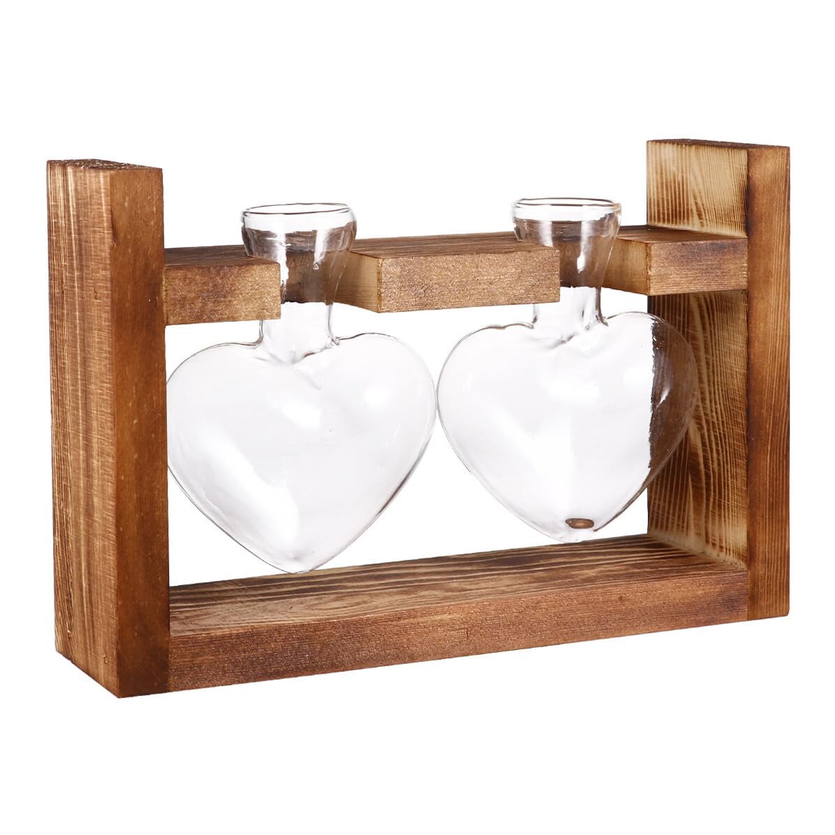 EPIGEIST 2Pcs Heart Shape Glass Vases Hydroponics Planter with Retro Wooden Rack Heat Resistant Transparent Glass Container for Flower Arrangement and Plant Propagation Decorative Terrarium