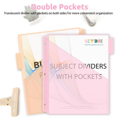 SKYDUE Binder Dividers with Two Pockets, 3Sets, 5 Tabs Dividers for 3 Ring Binder, Plastic Binder Dividers with Tabs for School, Office, and Home Organization,Pink