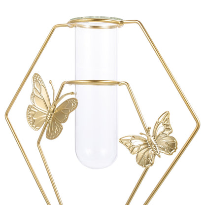 BESPORTBLE Hydroponic Glass Vase with Butterfly Pattern, Hexagonal Decorative Flower Holder, Metal Frame Plant Terrarium for Home and Living Room Table Décor