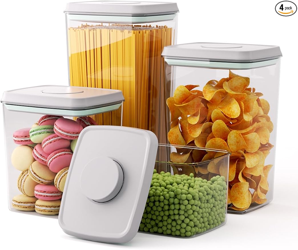 Pop Top Airtight Food Storage Containers, 4-Piece Pantry Starter Set with 4 Sizes, BPA-Free Clear Containers with Measurement Marks for Flour, Sugar, Cereal, Pasta