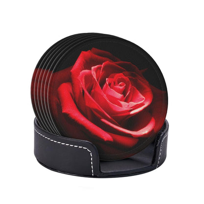 Stylish Red Rose Flower Coasters For Drinks Round Leather Coaster With Holder Set Of 6 For Tabletop Protection Desk Accessories Office Home Room Decor