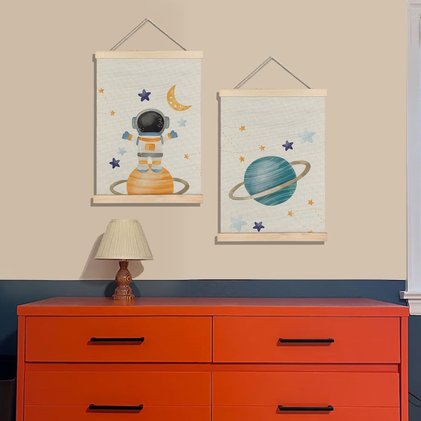 BearCake Space Nursery Decor, Solar System Plants Spaceman Wall Art Poster Hanger Frame, Space Canvas Prints Framed Wall Decor for Classroom Toddler Boys Room Nursery Playroom, 12x16 Inch Set of 2