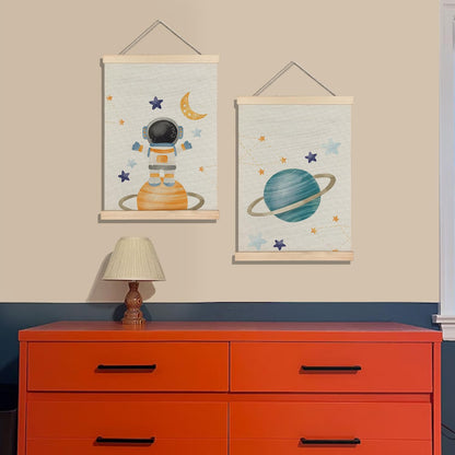 BearCake Space Nursery Decor, Solar System Plants Spaceman Wall Art Poster Hanger Frame, Space Canvas Prints Framed Wall Decor for Classroom Toddler Boys Room Nursery Playroom, 12x16 Inch Set of 2