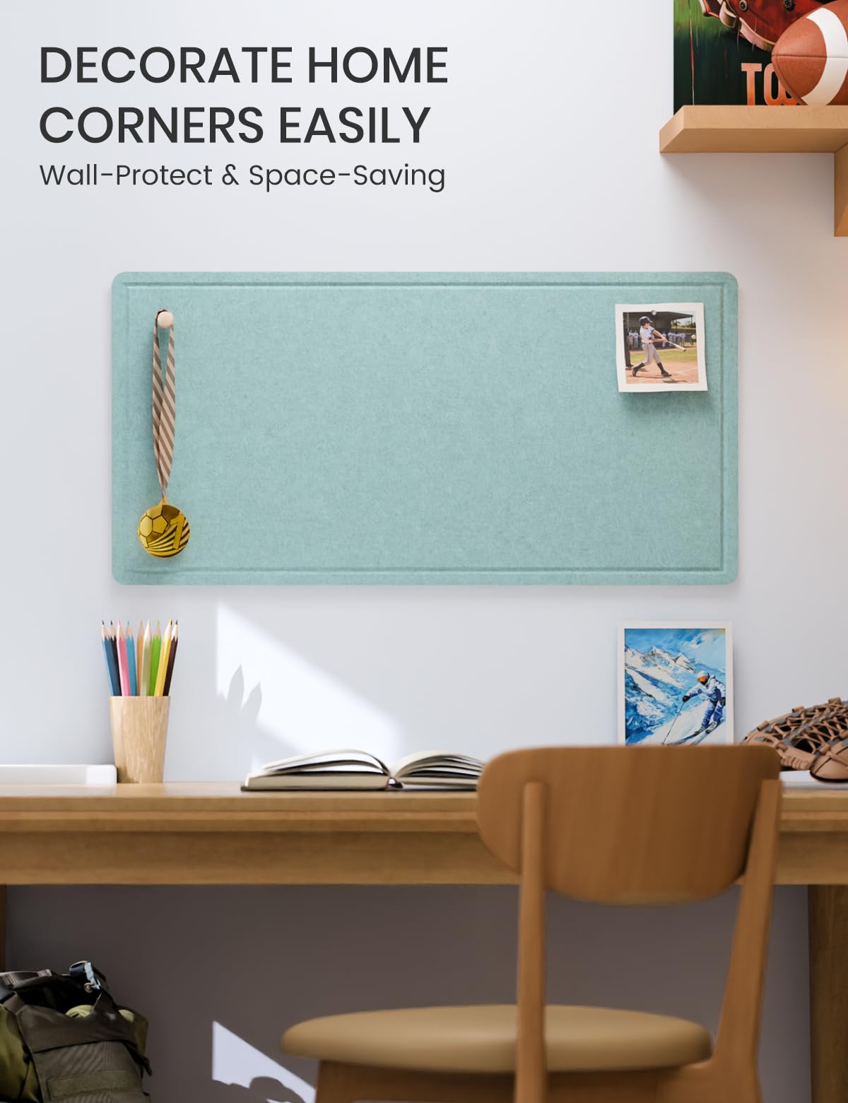 Fluxynara Bulletin Board, 35" x 17.5" Cork Board Alternative with 12 Safe Removable Adhesive Tabs, Foldable Felt Pin Board for Home Office, Classroom, Bedroom,Entryway for Walls—Aqua Blue