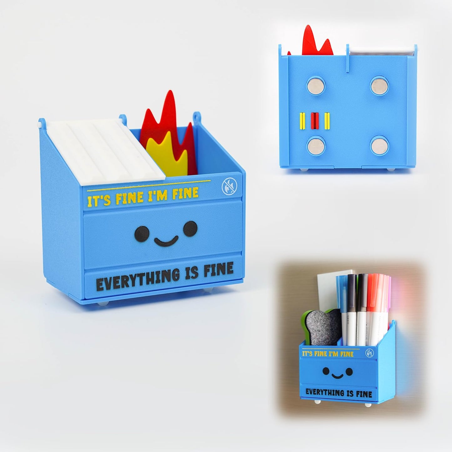 Tian Zhun Dumpster Fire Magnetic Pen Holder Funny Blue Magnetic Pencil Holder Magnetic Locker Organizer for Refrigerator Whiteboard Home Office Hospital Marker pen storage