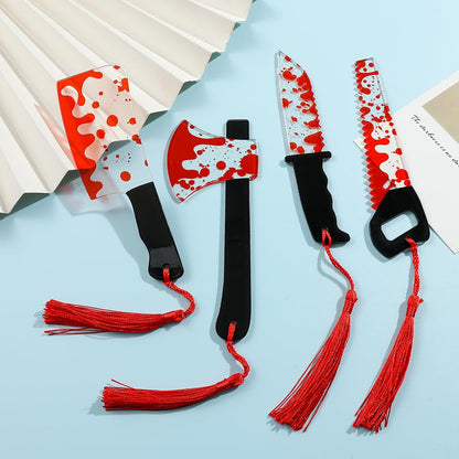 Horror Novelty Bookmark Set - 6 Creepy Tool Shapes with Blood Stain Design, Gothic Book Accessories for Halloween Gifts, Macabre Metal Page Holders with Red Tassels (6Pcs Tools of Terror)