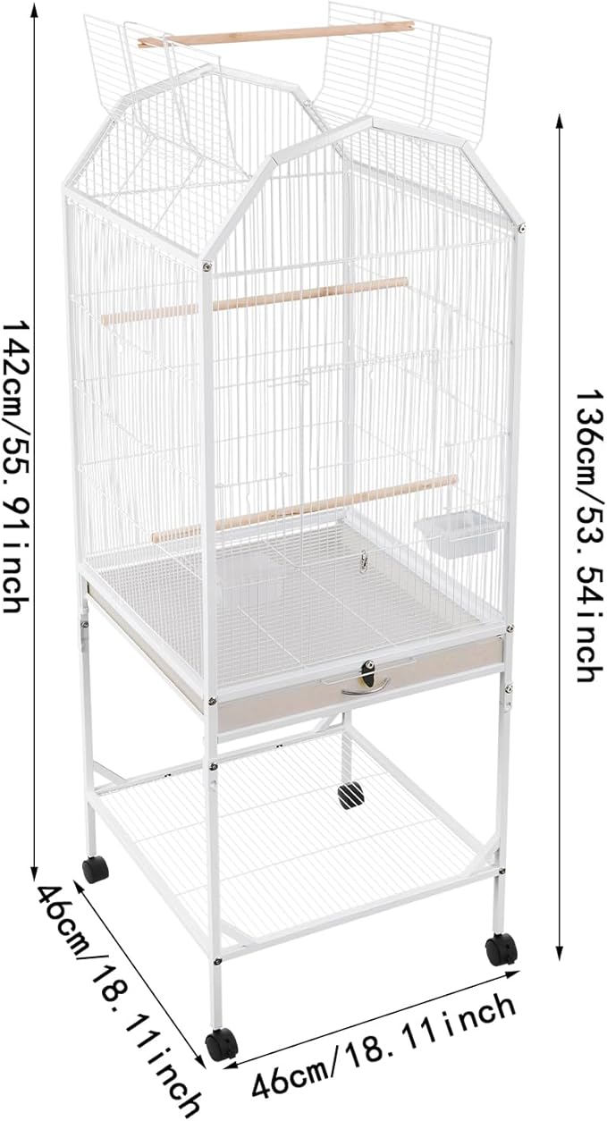 Large Bird Aviary Cage 53.5 Inch, Free Standing Wrought Iron Parrot Cage with Wheels, Open Play Top, Slide-Out Tray, Bird Cage for Budgerigars, Cockatiels, Parakeets, Lovebirds
