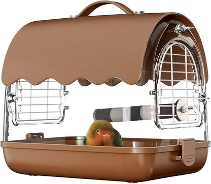 Bird Cage Bird Carrier Backpack with Perch, Transparent Travel Cage Bag with Shade Cover Visible Window for Parrots Budgie Home Decor(Brown)