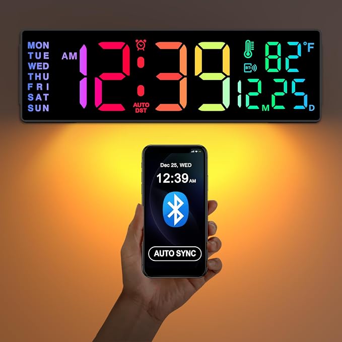 Soobest 14.2" Digital Wall Clock with Bluetooth Auto Time, Date Sync, LED Large Display with Remote Control, Gym Countdown Timer & 12 RGB Colors for Classroom, Temp, Nightlight for Seniors