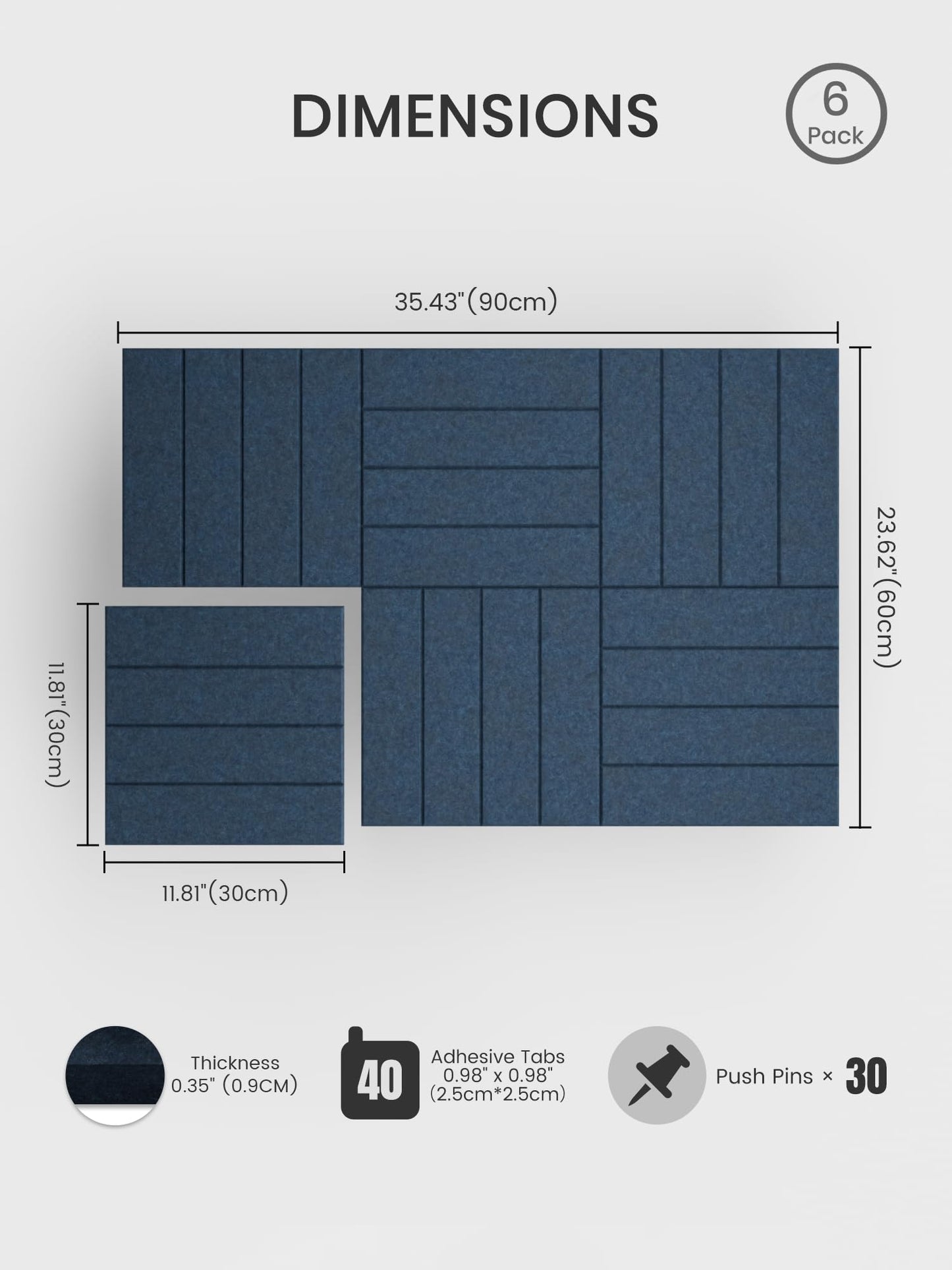 Bumusty Large Cork Board Alternative-36 x 24" Felt Bulletin Board Tiles, with 30 Pushpins, 40 Adhesive Tabs, Bold-Stripe 6-Pack, Cork Boards for Office Push Pin Board Felt Board-Navy Blue