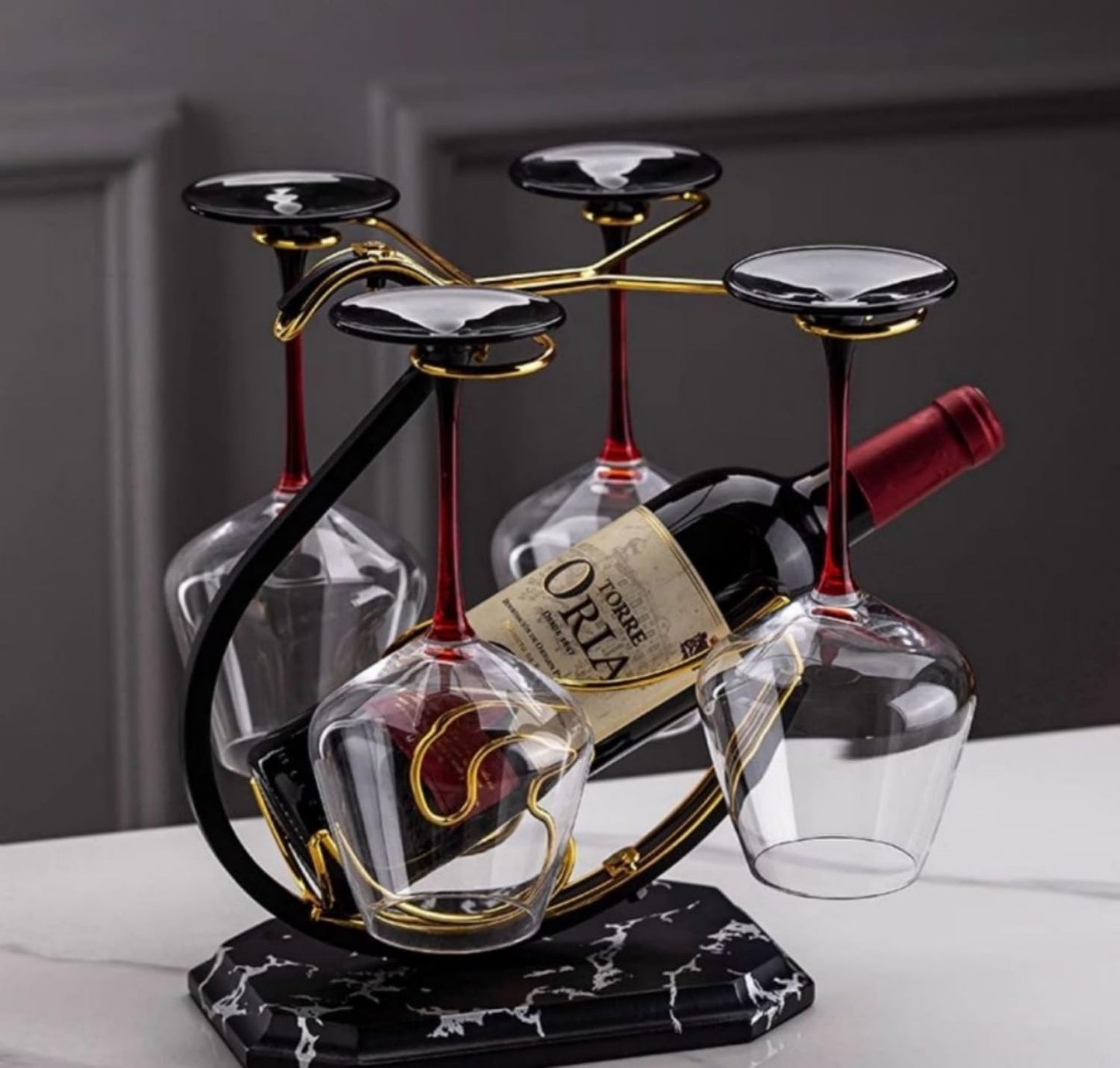 Homya Wine Glass Holder Home Tabletop Wine Glass Holder Vertical Wine Glass Display Rack Inverted Wine Bottle Holder 1 Bottles 4 Wine Glasses High-end Wine Rack