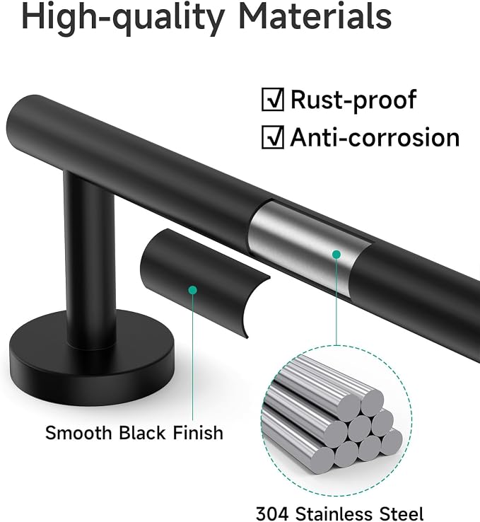 USHOWER 2-Pack Matte Black Towel Bar, 24-Inch Towel Racks for Bathroom Wall-Mounted, SUS304 Stainless Steel Towel Rod (Total Length 26-Inch)