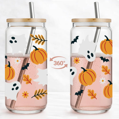 Halloween Ghost Pumpkin Glass Cup with Straws and Lids Gifts for Women,Friends,Happy Halloween Coffee Mug Trick Or Treat Iced Coffee Cup Glass Tumbler 16oz,Spooky Gifts for Boo Basket Stuffers